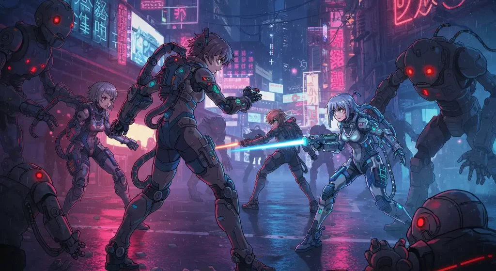 أفضل 10 أنمي خيال علمي مثل Cyberpunk Edgerunners 2 7 Female mercenaries fighting robots in powered suits