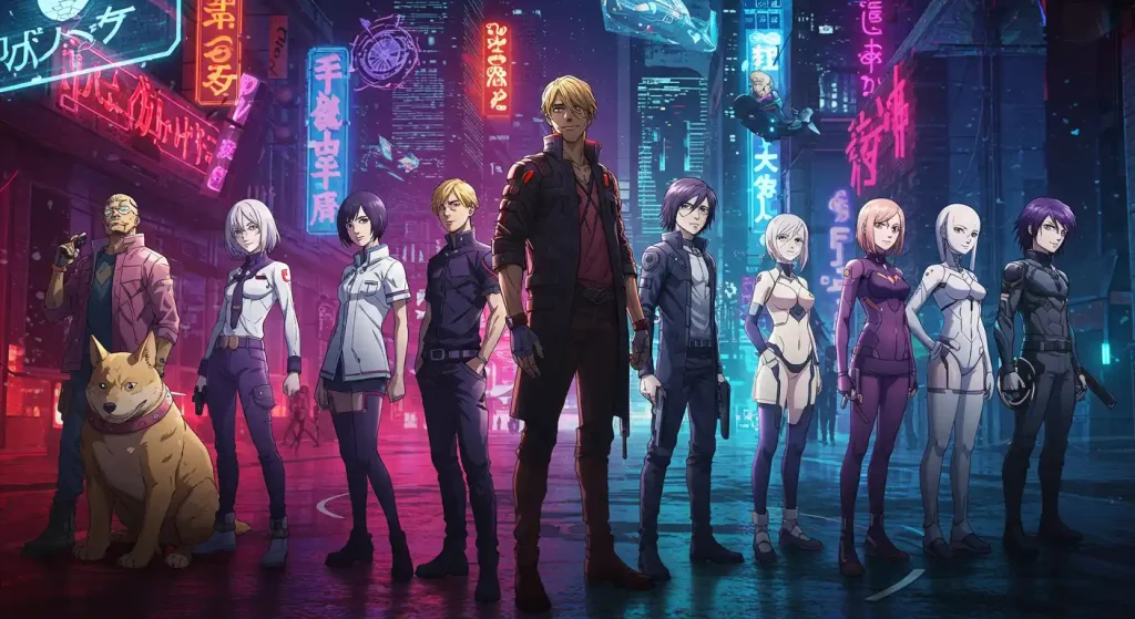 أفضل 10 أنمي خيال علمي مثل Cyberpunk Edgerunners 2 1 Group anime poster of 10 Best Sci-Fi Anime Like Cyberpunk Edgerunners 2 characters standing together in futuristic neon city without weapons