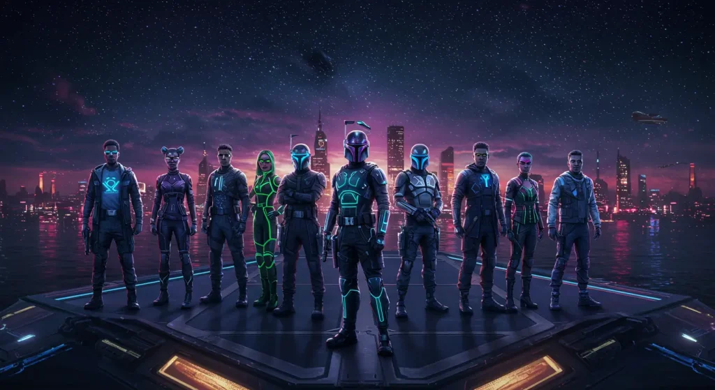 أفضل 10 أنمي خيال علمي مثل Cyberpunk Edgerunners 2 6 Spaceship crew standing together in galaxy with futuristic city