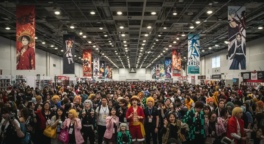  Anime fans attending Jump Festa with Shonen Jump banners