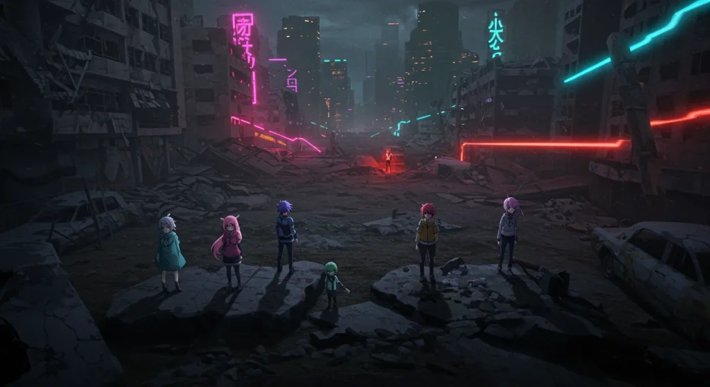 ما الجديد في عالم الأنمي - تحديث سبتمبر 2025 1 Anime survivors in a post-apocalyptic neon-lit city.