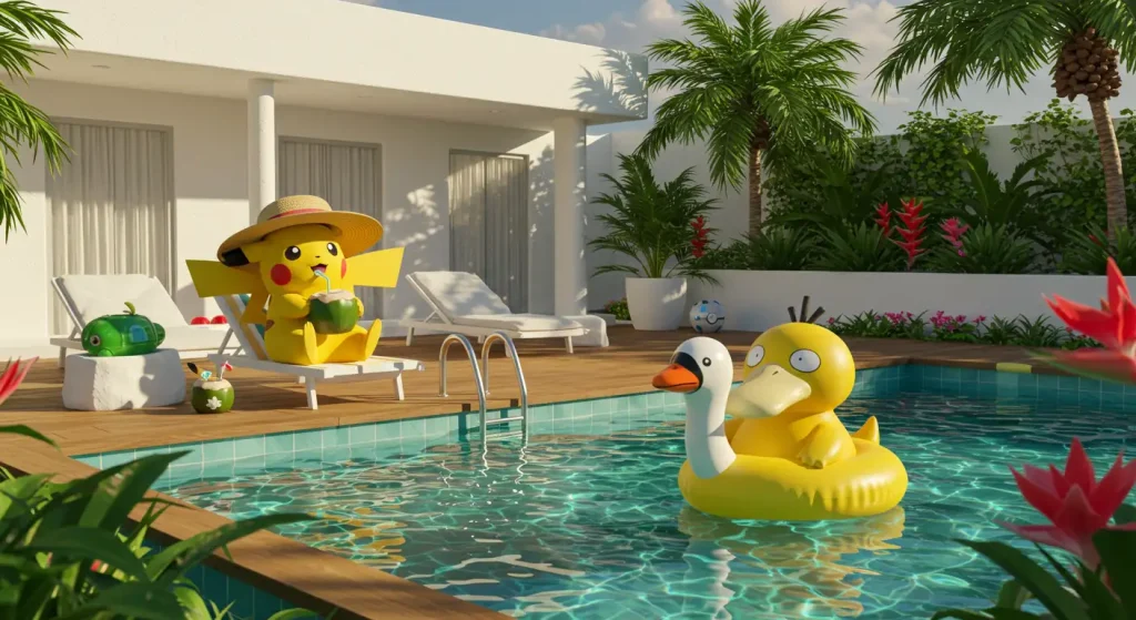 ما الجديد في عالم الأنمي - تحديث سبتمبر 2025 2 Pokémon characters enjoying a peaceful resort scene.
