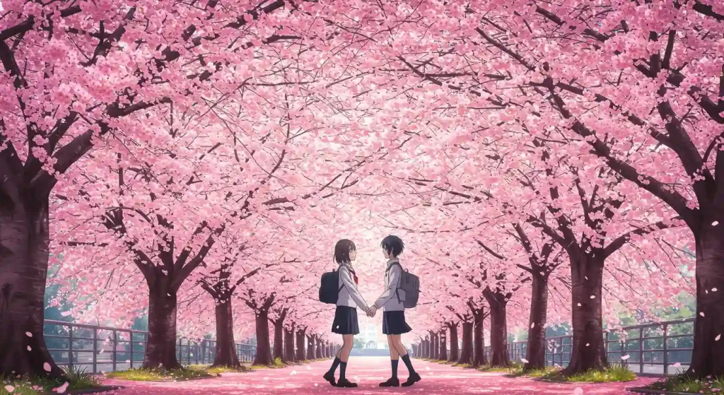 ما الجديد في عالم الأنمي - تحديث سبتمبر 2025 3 Anime couple holding hands beneath cherry blossom trees.