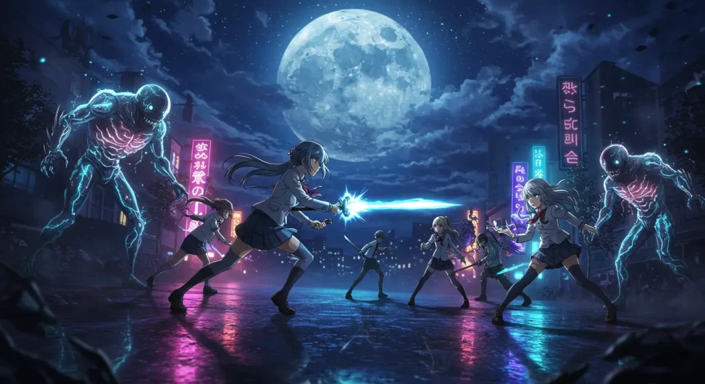 ما الجديد في عالم الأنمي - تحديث سبتمبر 2025 4 Anime characters battling aliens in a night sky setting.ci-fi s