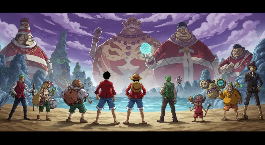 ما الجديد في عالم الأنمي - تحديث سبتمبر 2025 5 One Piece characters exploring Egghead Island with sci-fi technology.