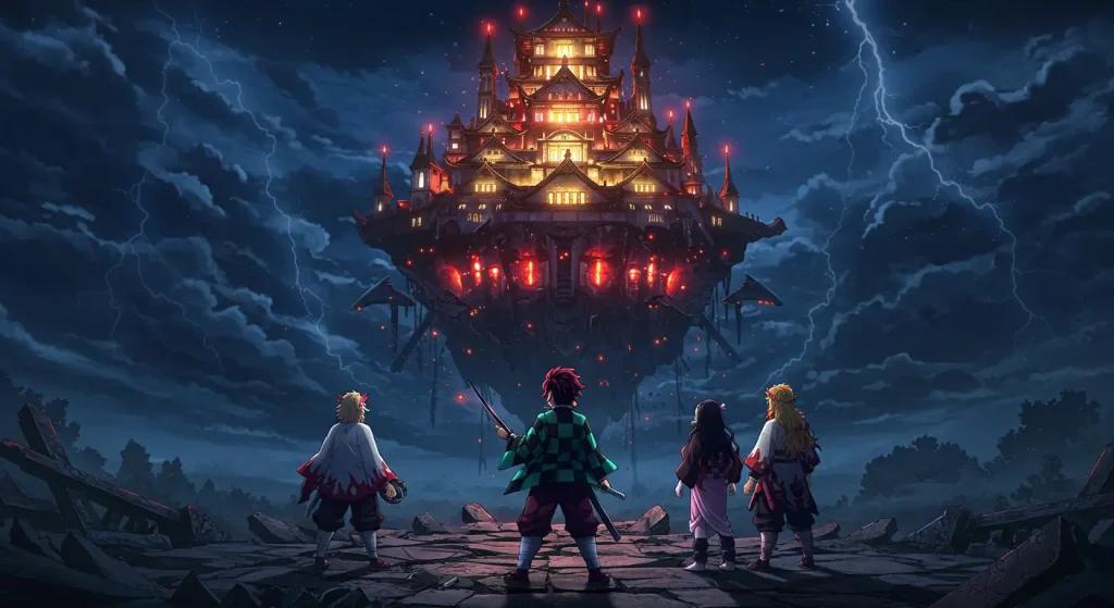 ما الجديد في عالم الأنمي - تحديث سبتمبر 2025 6 Demon Slayer heroes facing Infinity Castle with glowing lights.