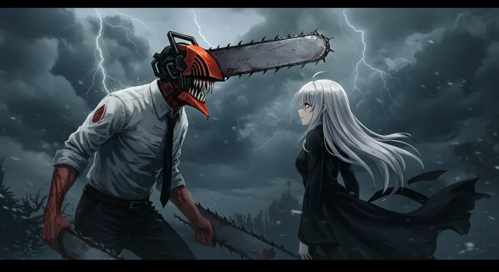 ما الجديد في عالم الأنمي - تحديث سبتمبر 2025 7 Chainsaw Man standing opposite Reze under stormy skies.