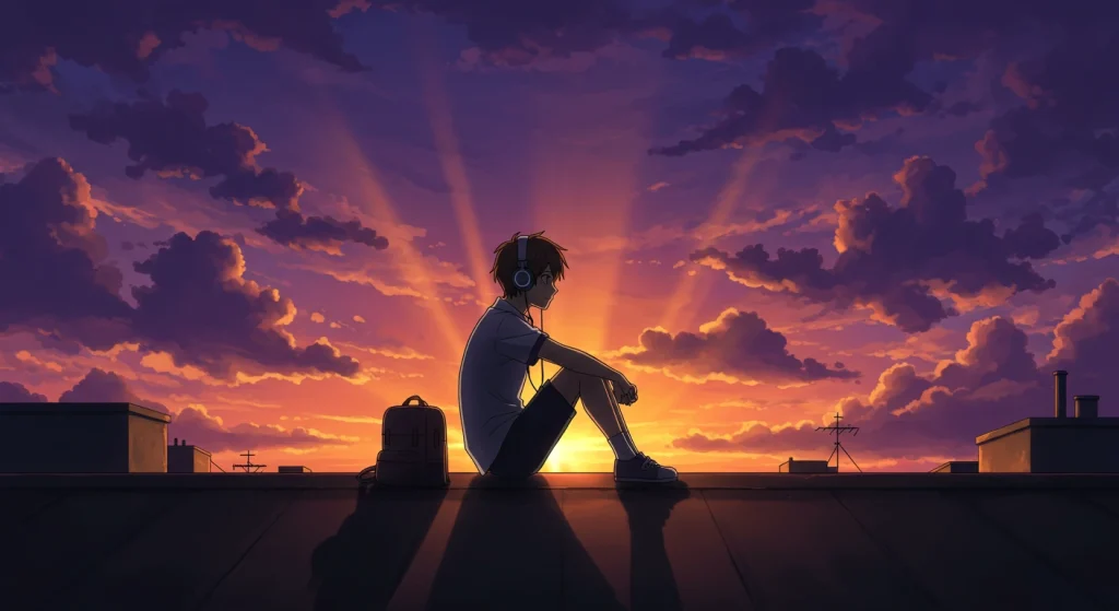 ما الجديد في عالم الأنمي - تحديث سبتمبر 2025 8 Anime boy with headphones watching sunset from rooftop.