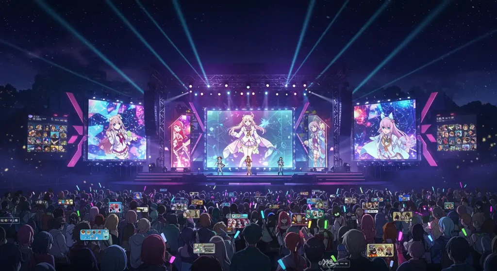 ما الجديد في عالم الأنمي - تحديث سبتمبر 2025 9 Anime event stage with glowing lights and fans cheering online.