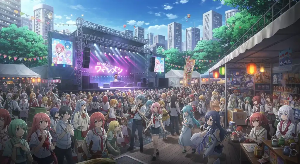 ما الجديد في عالم الأنمي - تحديث سبتمبر 2025 10 Anime fans enjoying live music and cosplay at a festival. ما الجديد في عالم الأنمي