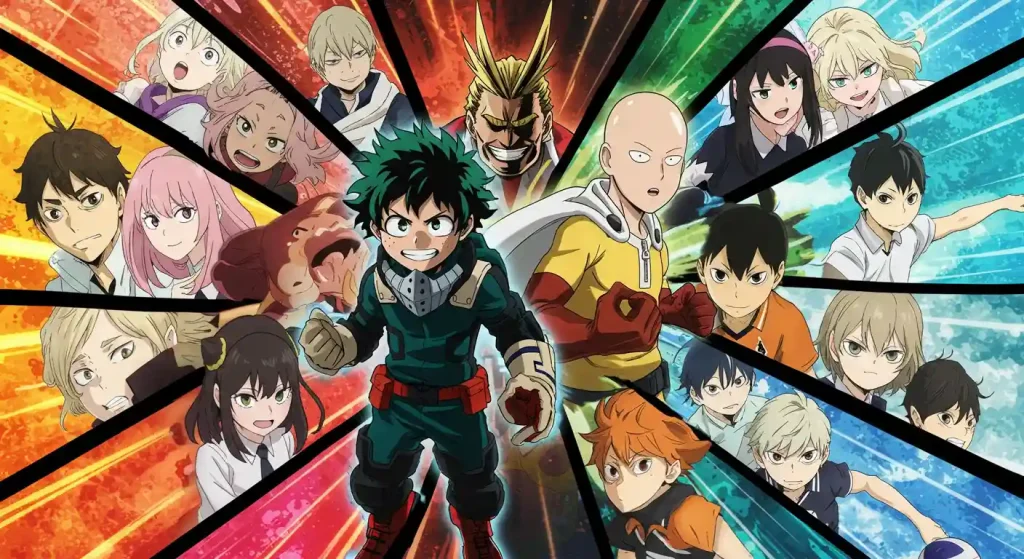 أفضل أنمي للمبتدئين: دليل شامل لعشاق الأنمي الجدد 3 ملصق يضم أبرز أنميات مناسبة للمبتدئين مثل ماي هيرو أكاديميا وسباي إكس فاميلي.