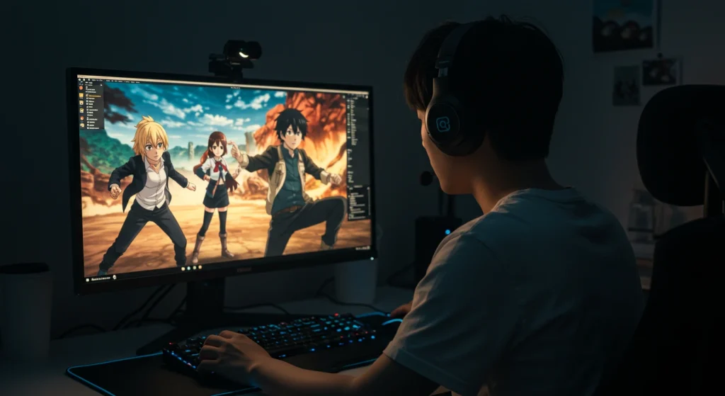 أفضل أنمي للمبتدئين: دليل شامل لعشاق الأنمي الجدد 9 شخص يشاهد أنمي على شاشة كمبيوتر مع سماعات لتجربة مريحة.