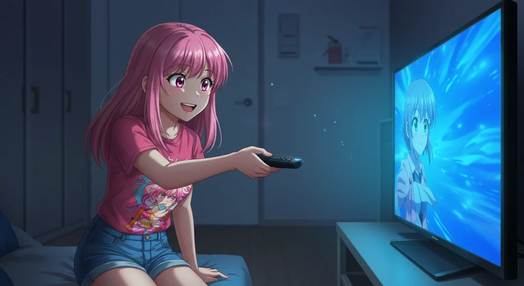 أفضل أنمي للمبتدئين: دليل شامل لعشاق الأنمي الجدد 11 مبتدئ يشاهد أنمي لأول مرة بابتسامة أمام شاشة مضيئة.