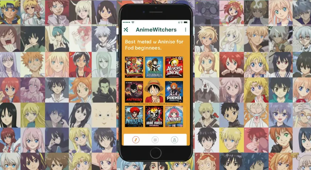 أفضل أنمي للمبتدئين: دليل شامل لعشاق الأنمي الجدد 8 “واجهة تطبيق AnimeWitchers APK على الهاتف تعرض قائمة أفضل أنمي للمبتدئين مع شخصيات أنمي شهيرة وخلفية ملونة.”