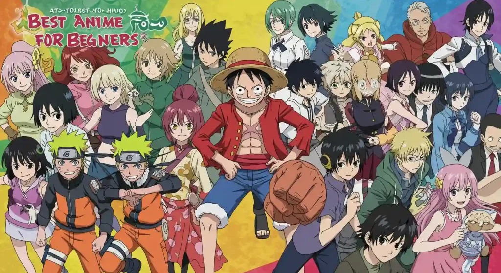 أفضل أنمي للمبتدئين: دليل شامل لعشاق الأنمي الجدد 1 “بوستر ملون بعنوان أفضل أنمي للمبتدئين مع شخصيات أنمي مشهورة وخلفية مضيئة مناسبة كصورة رئيسية للمقال.”