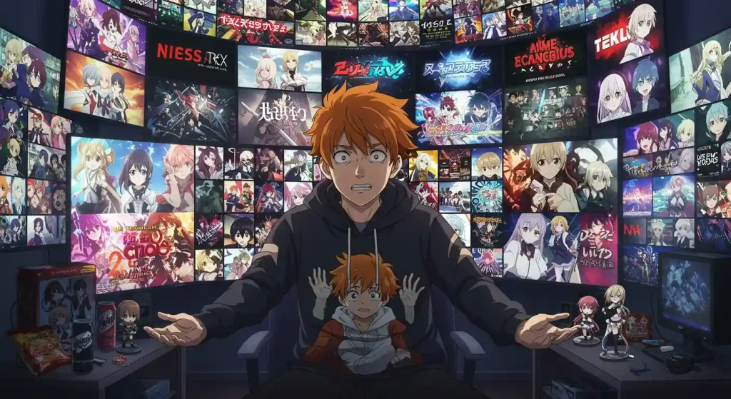 أفضل مواقع لمشاهدة الأنمي في 2025(مجانية ومدفوعة) – دليل Anime Witchers الشامل 3 "مشجع أنمي محتار بين عدة شاشات تعرض منصات مختلفة لمشاهدة الأنمي"