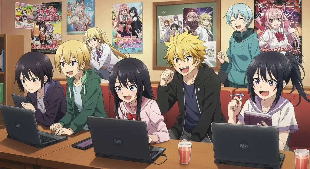 أفضل مواقع لمشاهدة الأنمي في 2025(مجانية ومدفوعة) – دليل Anime Witchers الشامل 5 "مجموعة أصدقاء يشاهدون الأنمي مجانًا عبر الحاسوب والهواتف المحمولة"