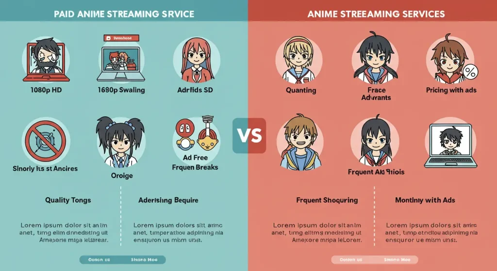 أفضل مواقع لمشاهدة الأنمي في 2025(مجانية ومدفوعة) – دليل Anime Witchers الشامل 1 "إنفوجرافيك يوضح مقارنة بين مواقع الأنمي المدفوعة والمجانية من حيث الجودة والإعلانات والتكلفة"