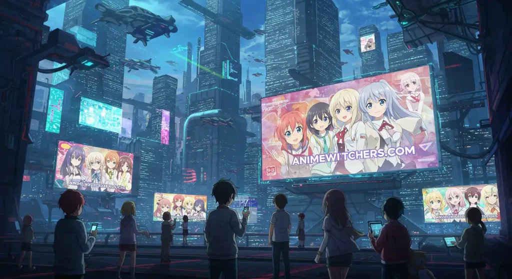 أفضل مواقع لمشاهدة الأنمي في 2025(مجانية ومدفوعة) – دليل Anime Witchers الشامل 7 "صورة ختامية لمشاهدين يستمتعون بالأنمي مع شعار Anime Witcher