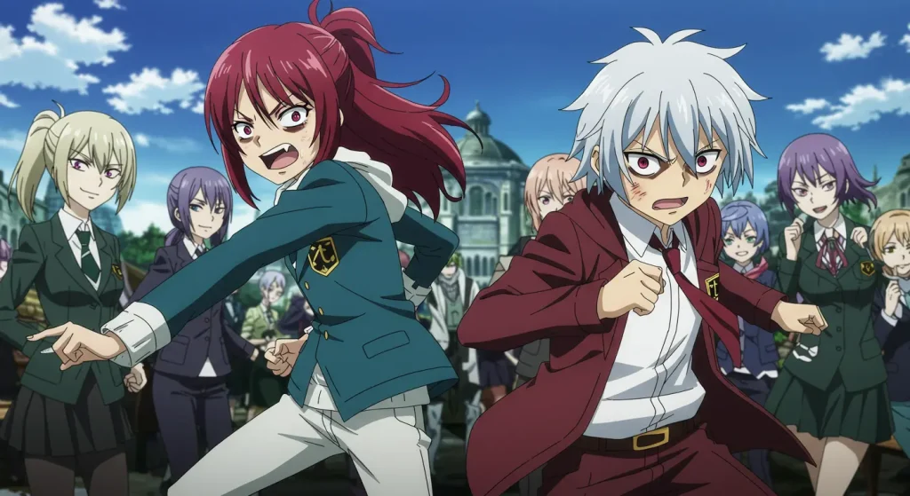 أفضل 10 أنميات أكشن منسية لا يتحدث عنها أحد بعد الآن 2 صورة أنمي ملوّنة تُظهر آندي وفووكو في وضعية قتالية ديناميكية مع أعضاء الاتحاد في الخلفية.