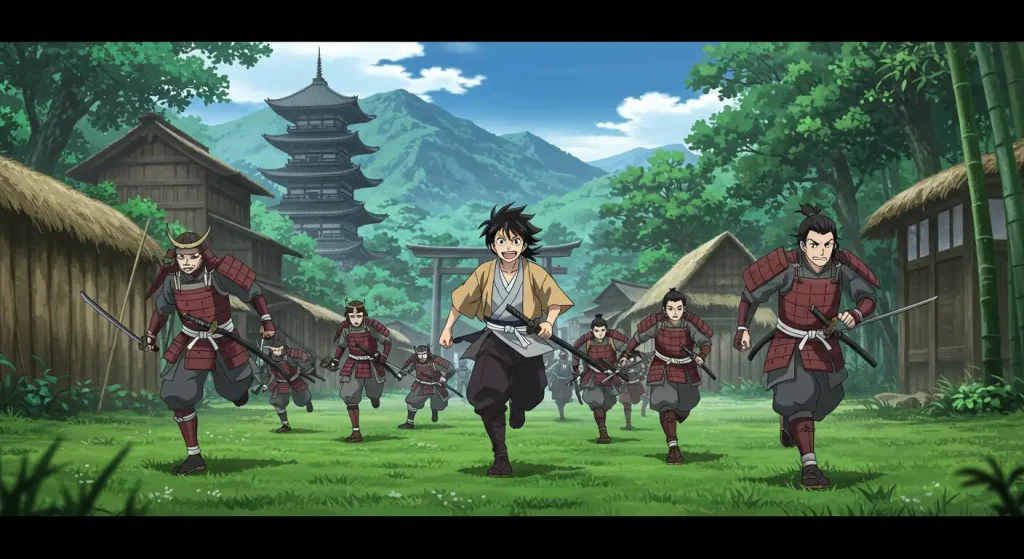 أفضل 10 أنميات أكشن منسية لا يتحدث عنها أحد بعد الآن 3 صورة أنمي تاريخية تُظهر توكيوكي يبتسم بينما يراوغ محاربي الساموراي في ريف ياباني مليء بالخضرة.