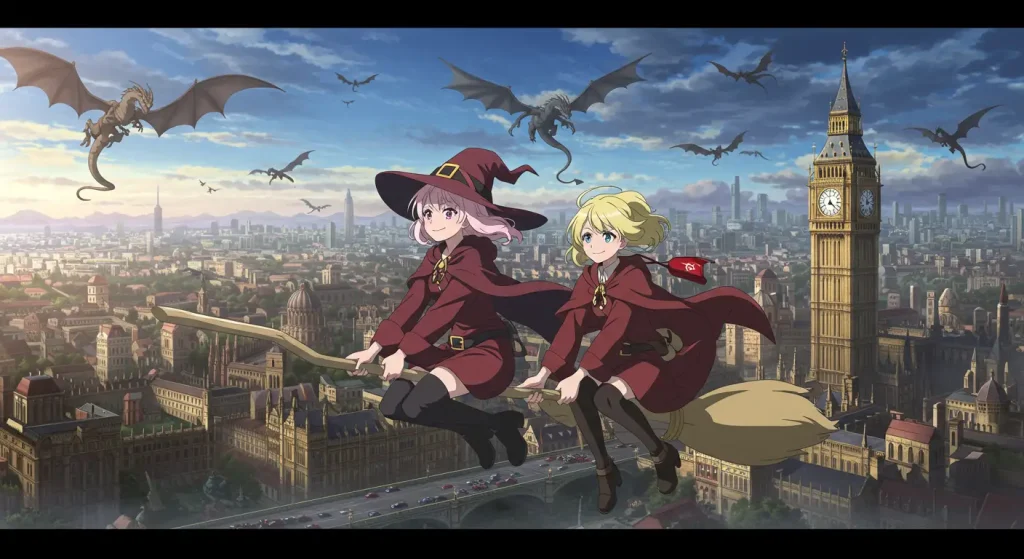 أفضل 10 أنميات أكشن منسية لا يتحدث عنها أحد بعد الآن 4 صورة أنمي فانتازيا تُظهر نيني ونويل وهما يطيران على مكانس سحرية فوق مدينة لندن المليئة بالتنانين.