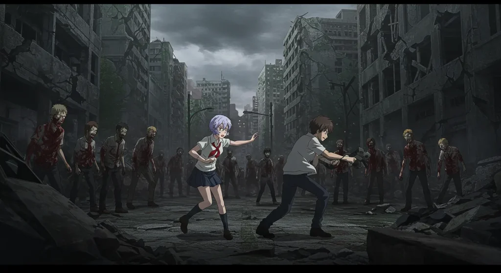 أفضل 10 أنميات أكشن منسية لا يتحدث عنها أحد بعد الآن 5 صورة أنمي تُظهر ري وتاكاشي يقاتلان الزومبي في مدينة مدمرة بأجواء رعب قاتمة.