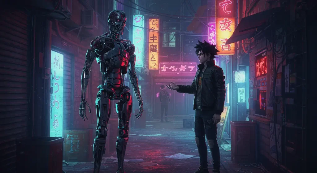 أفضل 10 أنميات أكشن منسية لا يتحدث عنها أحد بعد الآن 6 صورة أنمي سايبربانك تُظهر كينتا وهو يتحدث مع نموذج المدمر في زقاق بطوكيو مضاء بالنيون.