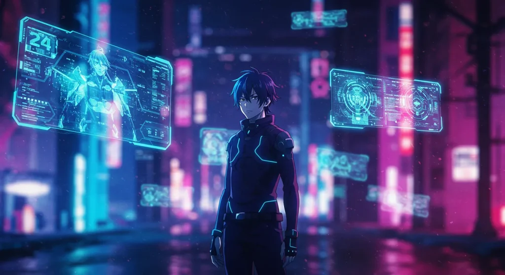 أفضل 10 أنميات أكشن منسية لا يتحدث عنها أحد بعد الآن 8 صورة أنمي مستقبلية تُظهر شوتا في مدينة رقمية بطوكيو محاطة بالهولوغرامات والأبراج النيونية.