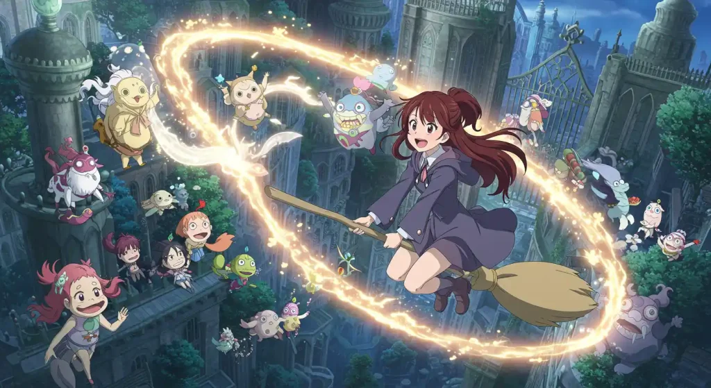 أفضل 10 أنميات أكشن منسية لا يتحدث عنها أحد بعد الآن 9 صورة أنمي سحرية تُظهر أكو وهي تطير على مكنسة محاطة بهالة سحرية وكائنات أسطورية.