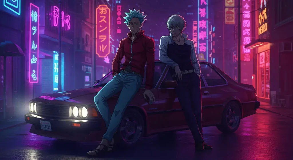 أفضل 10 أنميات أكشن منسية لا يتحدث عنها أحد بعد الآن 10 صورة أنمي أنيقة تُظهر بان ميدو وجينجي أمانو يستندان إلى سيارة تحت أضواء النيون بأسلوب عصري.