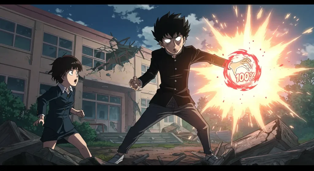 صورة من معركة موب ضد تيرو تُظهر قوة موب الخارقة في أنمي Mob Psycho 100