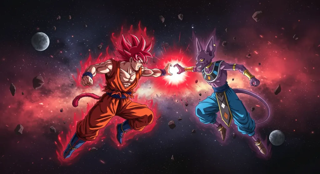 صورة تُظهر غوكو في هيئة سوبر سايان غود يقاتل بيروس في أنمي Dragon Ball Z