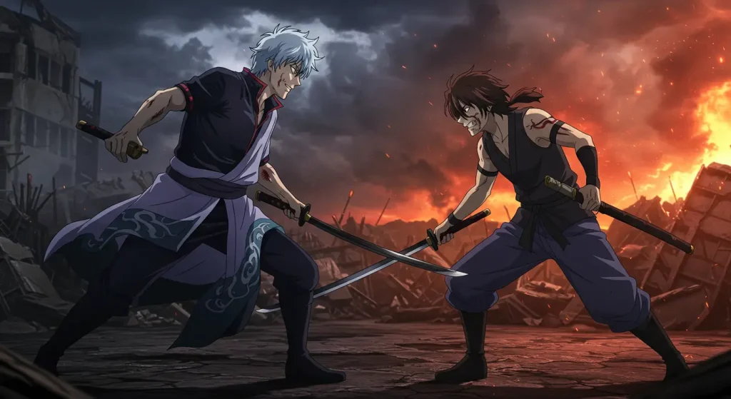 غينتوكي ضد تاكاسوغي – معركة السيوف الأسطورية في أنمي غينتاما