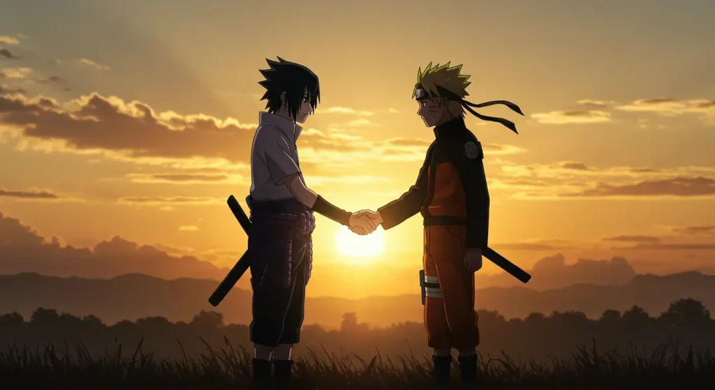 صورة تُظهر المصالحة بين ناروتو وساسكي كدرس في التسامح والصداقة.