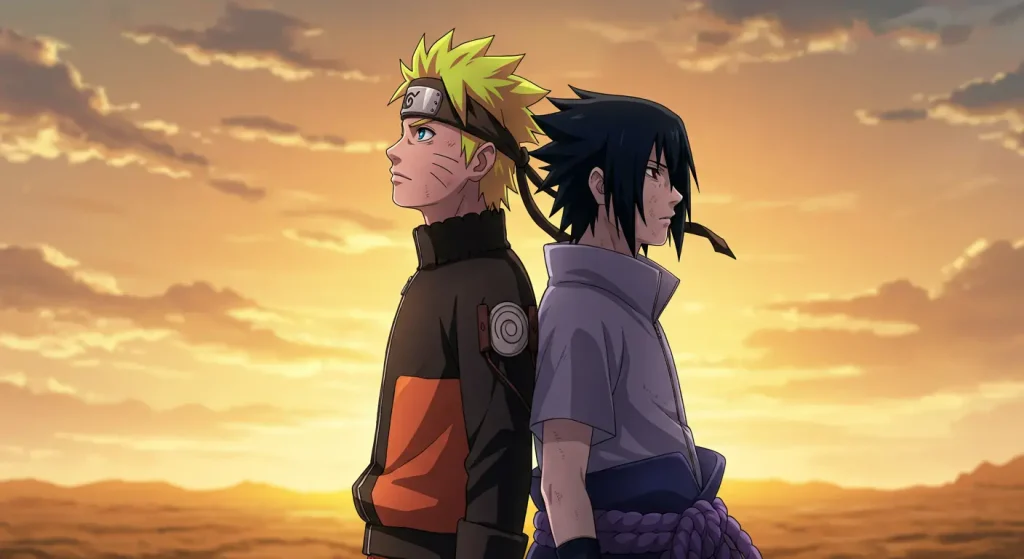 صورة ختامية تُظهر ناروتو وساسكي بعد القتال كتعبير عن الأمل وبداية جديدة.