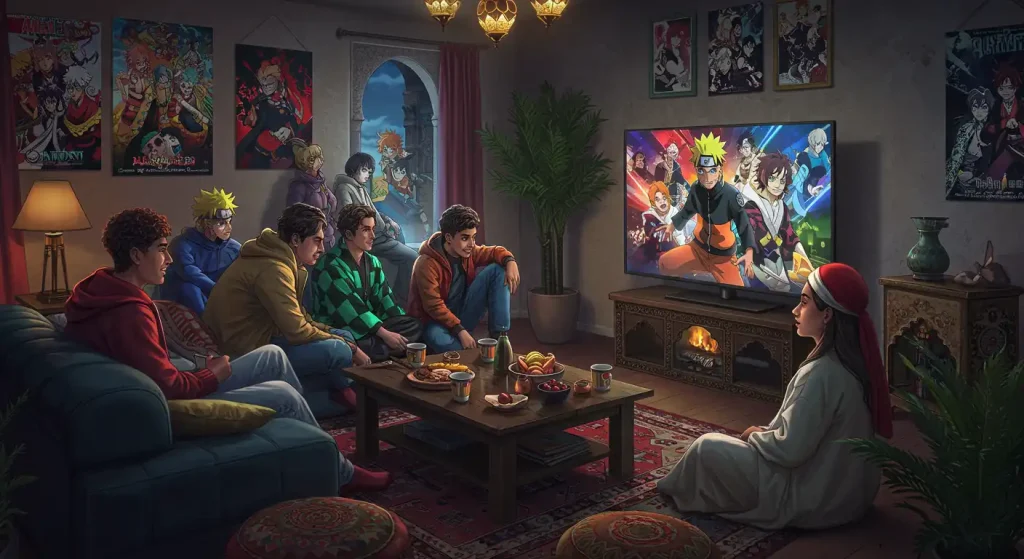 أخبار الأنمي في المغرب / أخبار الأنمي في الجزائر 2 شباب من المغرب والجزائر يتابعون الأنمي في غرفة معيشة مزينة بديكور مغربي مع ملصقات أنمي شهيرة.