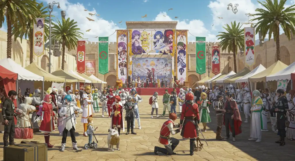 أخبار الأنمي في المغرب / أخبار الأنمي في الجزائر 7 "المعجبون بالأنمي في المغرب والجزائر يشاركون في الفعاليات والمهرجانات المحلية بملابس الكوسبلاي وزينة ملونة وأجواء احتفالية."