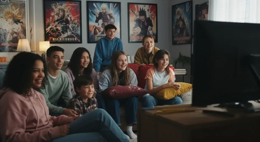 أخبار الأنمي في المغرب / أخبار الأنمي في الجزائر 9 "مجموعة من الشباب في المغرب والجزائر يشاهدون الأنمي معًا ويظهر عليهم الحماس والتأثر الإيجابي."