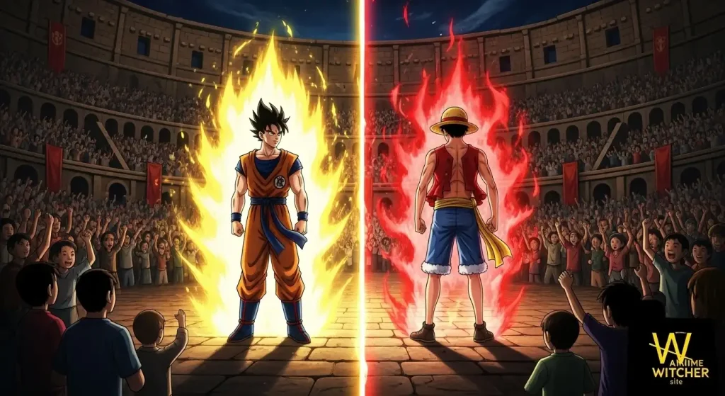 Dragon Ball vs One Piece: إرث الأنمي الأعظم بعد 30 عامًا 2 صورة تُظهر مواجهة رمزية بين لوفي وغوكو في ساحة أسطورية تمثل المقارنة بين Dragon Ball vs One Piece حول من يملك الإرث الأعظم في عالم الأنمي.