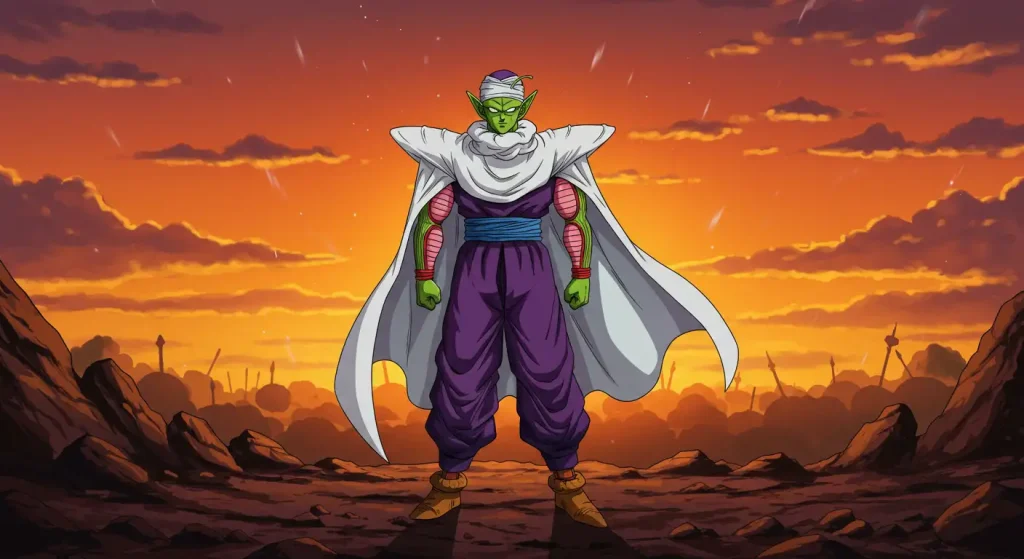 10 أقوى شخصيات دراغون بول زد وفقًا لأكثر أفعالهم إثارة للإعجاب 2 Piccolo from Dragon Ball Z standing proudly with his cape flowing, symbolizing the union of power and wisdom.