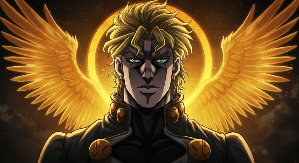 أشرار الأنمي الذين فازوا فعلاً – أقوى الأشرار الذين انتصروا في النهاية 2 صورة فنية بأسلوب الأنمي لشخصية ديو براندو من أنمي JoJo’s Bizarre Adventure واقف بثقة مع توهج ذهبي خلفه يرمز لقوته وانتصاره دون أي سلاح أو مشهد عنيف