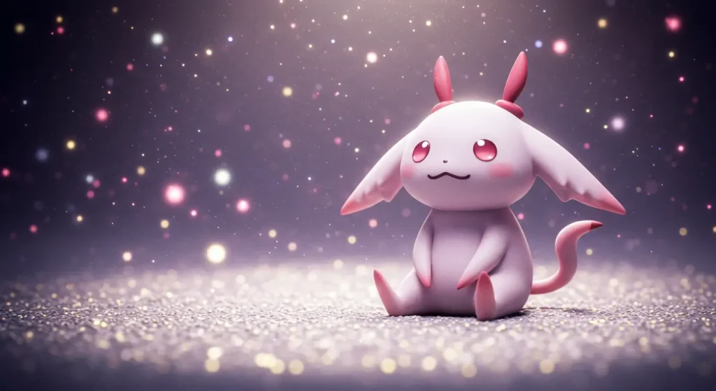 أشرار الأنمي الذين فازوا فعلاً – أقوى الأشرار الذين انتصروا في النهاية 5 صورة أنمي لطيفة لكائن مستوحى من كيوبي من أنمي Puella Magi Madoka Magica جالس بهدوء في خلفية سحرية متوهجة بتعبير بريء وأجواء هادئة دون أي سلاح أو عنف