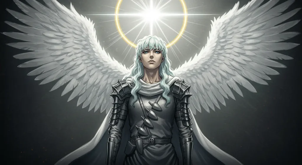 أشرار الأنمي الذين فازوا فعلاً – أقوى الأشرار الذين انتصروا في النهاية 6 صورة أنمي فنية لشخصية غريفيث من أنمي Berserk بمظهر أنيق وملائكي مع هالة بيضاء متوهجة وإضاءة درامية ترمز لطموحه ومصيره دون أي سلاح أو عنف
