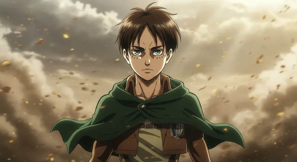 أشرار الأنمي الذين فازوا فعلاً – أقوى الأشرار الذين انتصروا في النهاية 7 صورة أنمي فنية لشخصية إرين ييغر من أنمي Attack on Titan واقف بثقة ونظرة حازمة مع خلفية عاصفة وإضاءة درامية بدون أي سلاح أو مشهد عنيف