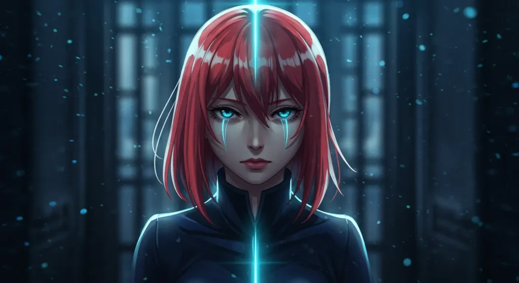 أشرار الأنمي الذين فازوا فعلاً – أقوى الأشرار الذين انتصروا في النهاية 8 صورة أنمي فنية لشخصية ريو أسوكا من أنمي Devilman Crybaby بملامح غامضة وأنيقة وهالة زرقاء متوهجة ترمز للصراع الداخلي بطريقة فنية هادئة دون أي سلاح أو عنف