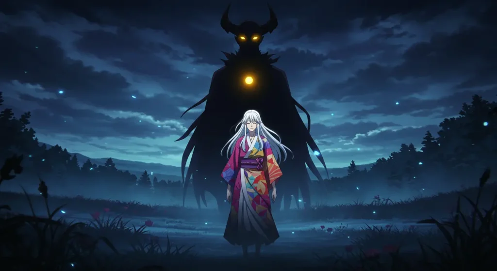 أشرار الأنمي الذين فازوا فعلاً – أقوى الأشرار الذين انتصروا في النهاية 9 صورة أنمي فنية تجسد توازن الخير والشر بألوان مشرقة ومظلمة منسجمة ترمز للتفكير والخلاصة بطريقة هادئة وجميلة دون أي سلاح أو عنف