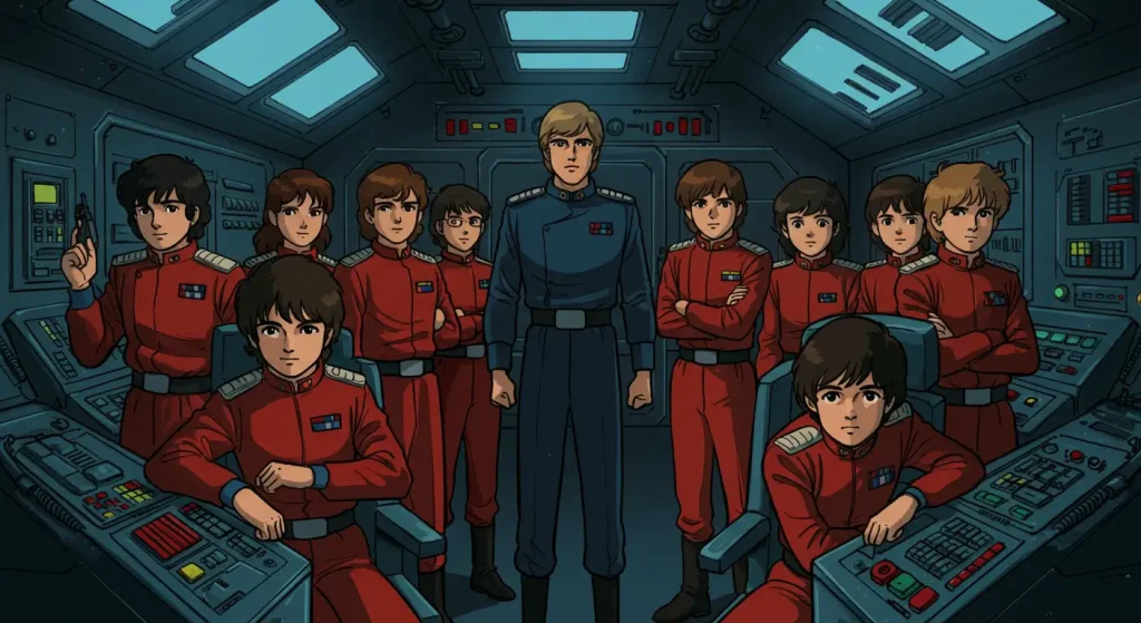 أفضل 10 أنميات منسية من الثمانينات تستحق المشاهدة من جديد 2 "مجموعة من طلاب الفضاء داخل مركبة فضائية مظلمة بأسلوب أنمي كلاسيكي من الثمانينات، مع ظهور شخصية غامضة تثير التوتر والشك بين الجميع."