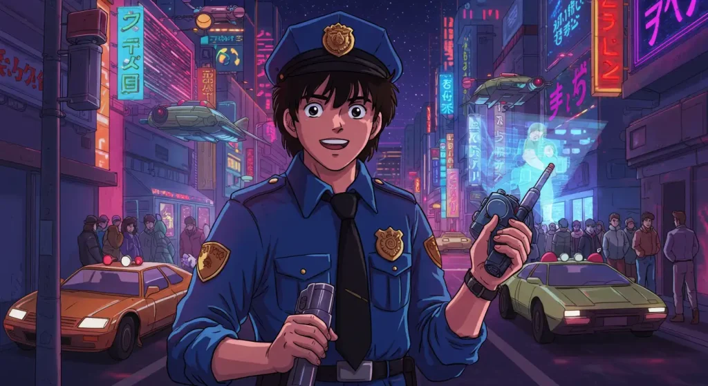 أفضل 10 أنميات منسية من الثمانينات تستحق المشاهدة من جديد 3 "مشهد من أنمي شرطة المستقبل يُظهر شابًا يرتدي زيّ الشرطة وسط مدينة مستقبلية مضاءة بالنيون، في أجواء خيال علمي مفعمة بالحركة والإثارة."