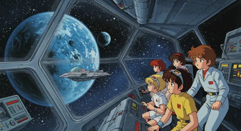 أفضل 10 أنميات منسية من الثمانينات تستحق المشاهدة من جديد 4 Children inside a spaceship from the 1980s anime Round Vernian Vifam, showcasing a nostalgic sci-fi adventure theme.